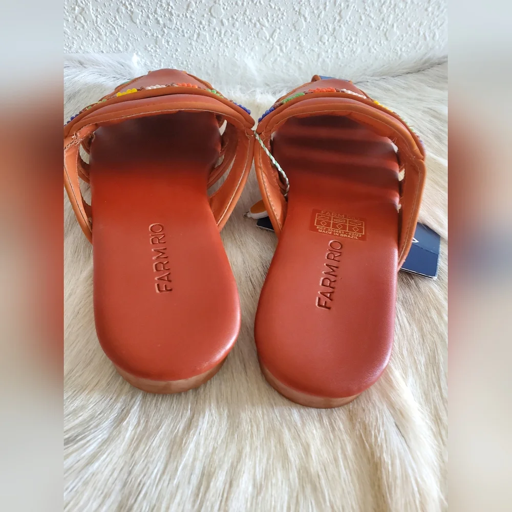 Farm Rio Sandals Sz 8.5 Rainbow Beaded Mule Tan Multicolor Vegan Leather $240 - Picture 7 of 9
